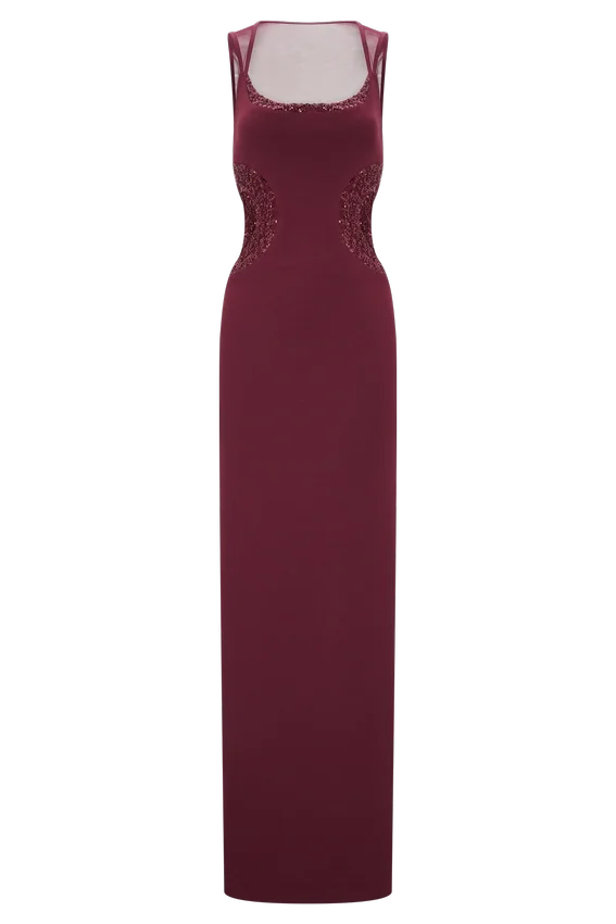 Angelique Beaded Crepe Maxi Dress – Wine Angelique Beaded Crepe Maxi Dress – Wine