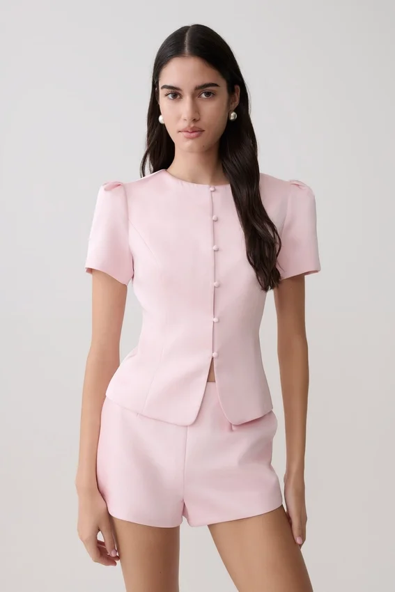 Anne Short Sleeve Satin Top – Pale Pink Anne Short Sleeve Satin Top – Pale Pink