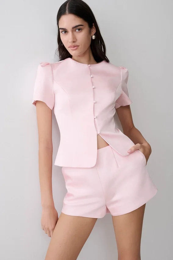 Anne Short Sleeve Satin Top – Pale Pink Anne Short Sleeve Satin Top – Pale Pink