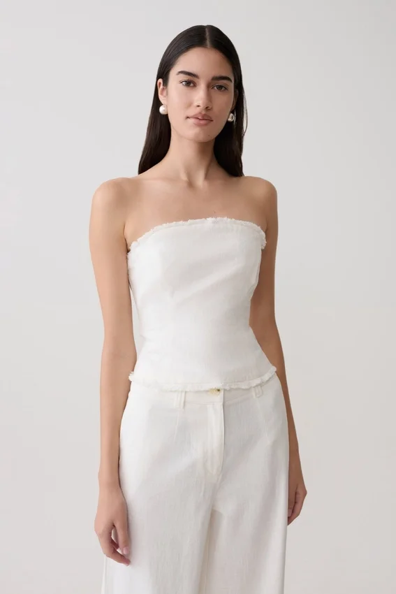 Annie Strapless Tie Back Linen Top – White Annie Strapless Tie Back Linen Top – White