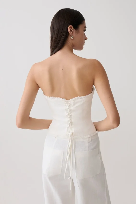 Annie Strapless Tie Back Linen Top – White Annie Strapless Tie Back Linen Top – White