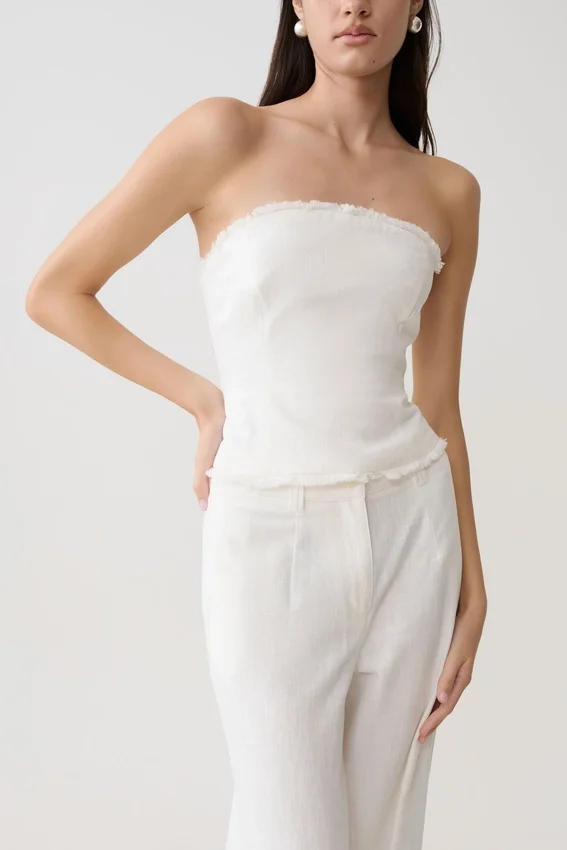Annie Strapless Tie Back Linen Top – White Annie Strapless Tie Back Linen Top – White