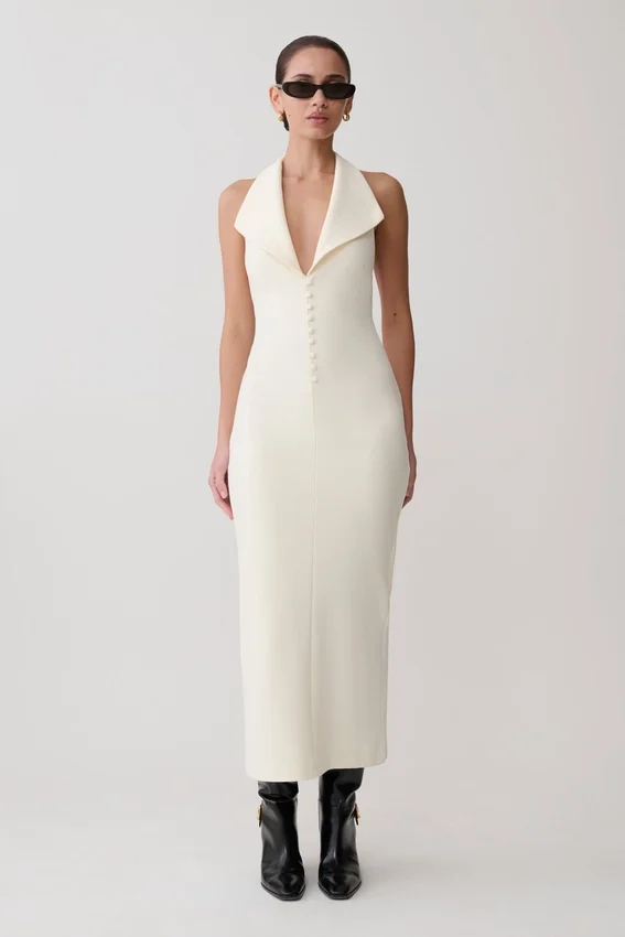 Annita Crepe Halter Midi Dress – Ivory Annita Crepe Halter Midi Dress – Ivory