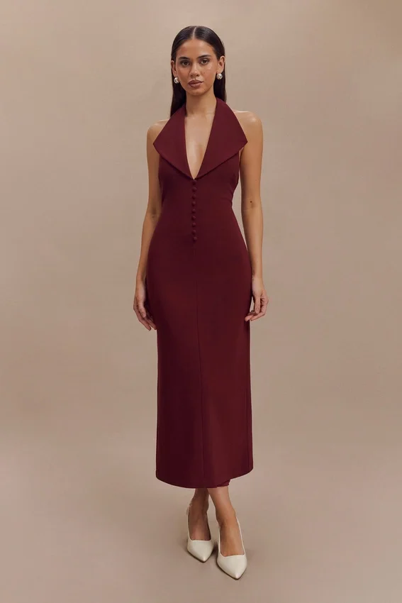 Annita Crepe Halter Midi Dress – Merlot Annita Crepe Halter Midi Dress – Merlot