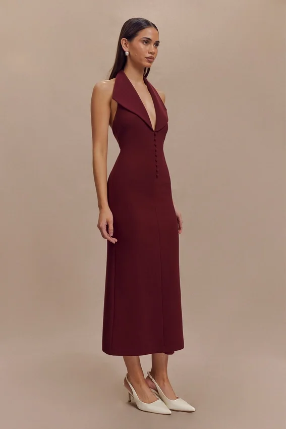 Annita Crepe Halter Midi Dress – Merlot Annita Crepe Halter Midi Dress – Merlot