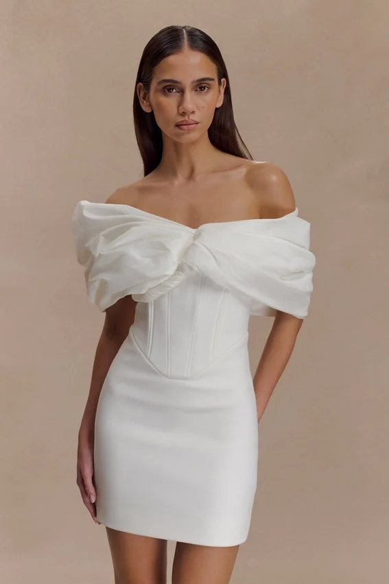 Aphrodite Off Shoulder Crepe Mini Dress – Ivory Aphrodite Off Shoulder Crepe Mini Dress – Ivory