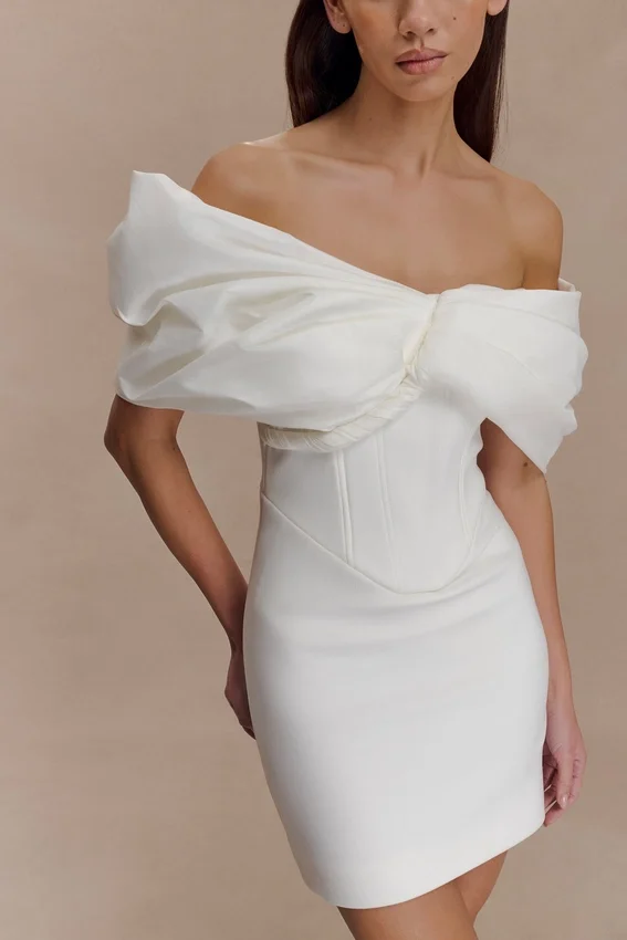 Aphrodite Off Shoulder Crepe Mini Dress – Ivory Aphrodite Off Shoulder Crepe Mini Dress – Ivory