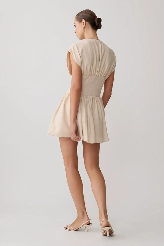 Arabella Cinched Waist Linen Mini Dress – Natural Arabella Cinched Waist Linen Mini Dress – Natural