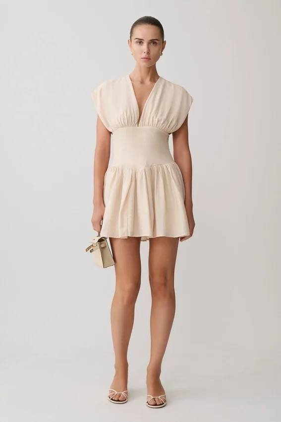 Arabella Cinched Waist Linen Mini Dress – Natural Arabella Cinched Waist Linen Mini Dress – Natural