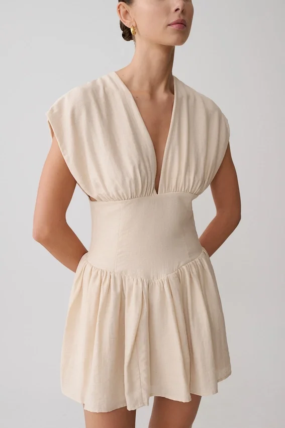 Arabella Cinched Waist Linen Mini Dress – Natural Arabella Cinched Waist Linen Mini Dress – Natural