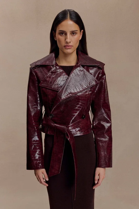 Archie Croc Faux Leather Cropped Jacket – Burgundy Archie Croc Faux Leather Cropped Jacket – Burgundy
