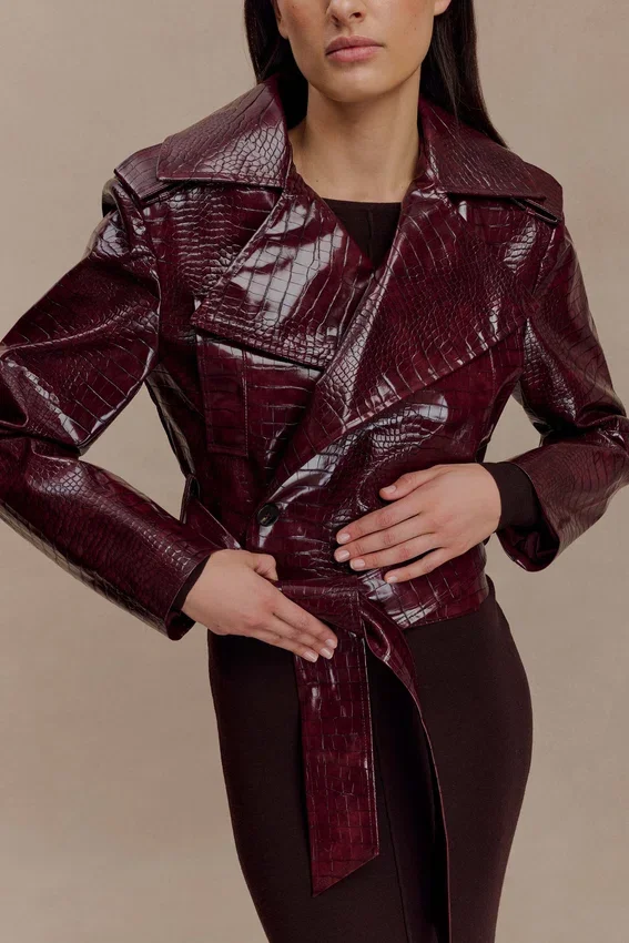 Archie Croc Faux Leather Cropped Jacket – Burgundy Archie Croc Faux Leather Cropped Jacket – Burgundy