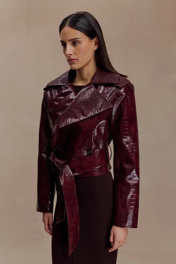 Archie Croc Faux Leather Cropped Jacket – Burgundy Archie Croc Faux Leather Cropped Jacket – Burgundy