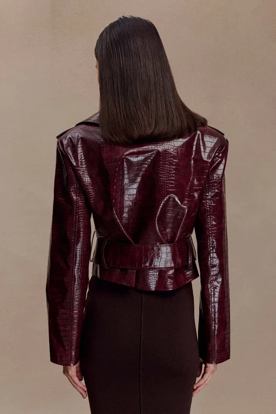 Archie Croc Faux Leather Cropped Jacket – Burgundy Archie Croc Faux Leather Cropped Jacket – Burgundy
