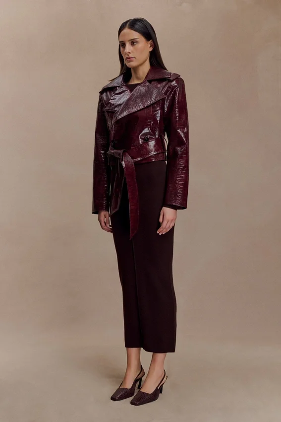 Archie Croc Faux Leather Cropped Jacket – Burgundy Archie Croc Faux Leather Cropped Jacket – Burgundy