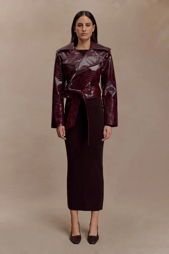 Archie Croc Faux Leather Cropped Jacket – Burgundy Archie Croc Faux Leather Cropped Jacket – Burgundy