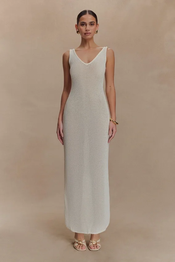 Ari Tape Yarn Knit Maxi Dress – White Ari Tape Yarn Knit Maxi Dress – White
