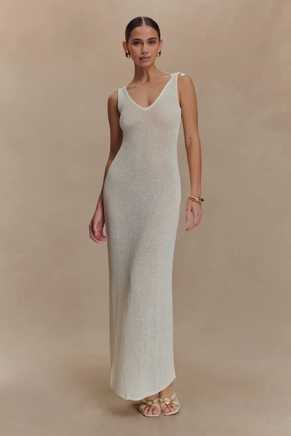 Ari Tape Yarn Knit Maxi Dress – White Ari Tape Yarn Knit Maxi Dress – White
