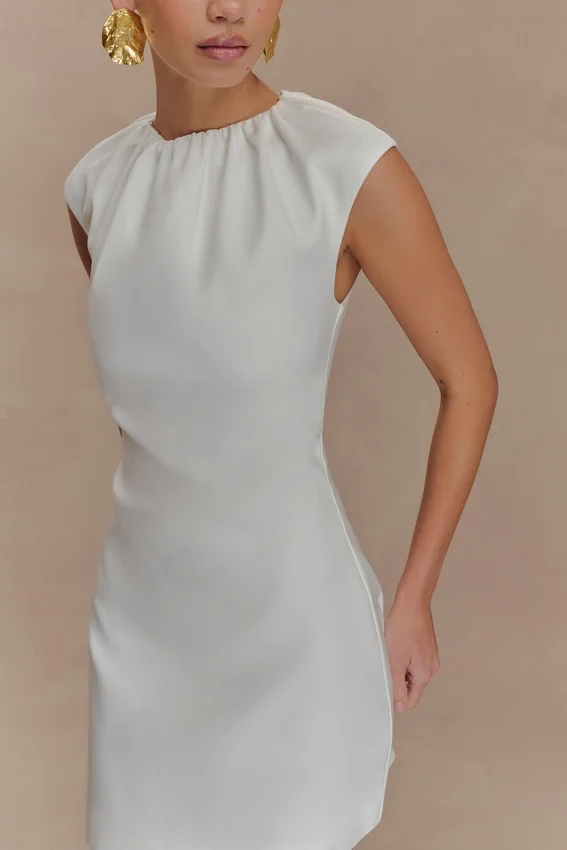 Ariana Pleated Neck Mini Dress – Ivory Ariana Pleated Neck Mini Dress – Ivory
