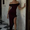 Arielle Off Shoulder Ruffle Midi Dress – Plum Arielle Off Shoulder Ruffle Midi Dress – Plum