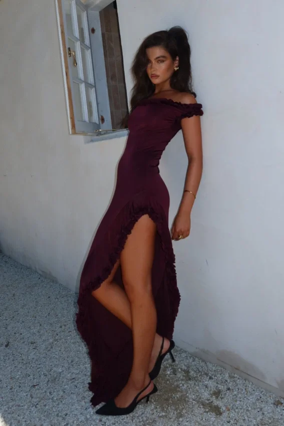 Arielle Off Shoulder Ruffle Midi Dress – Plum Arielle Off Shoulder Ruffle Midi Dress – Plum