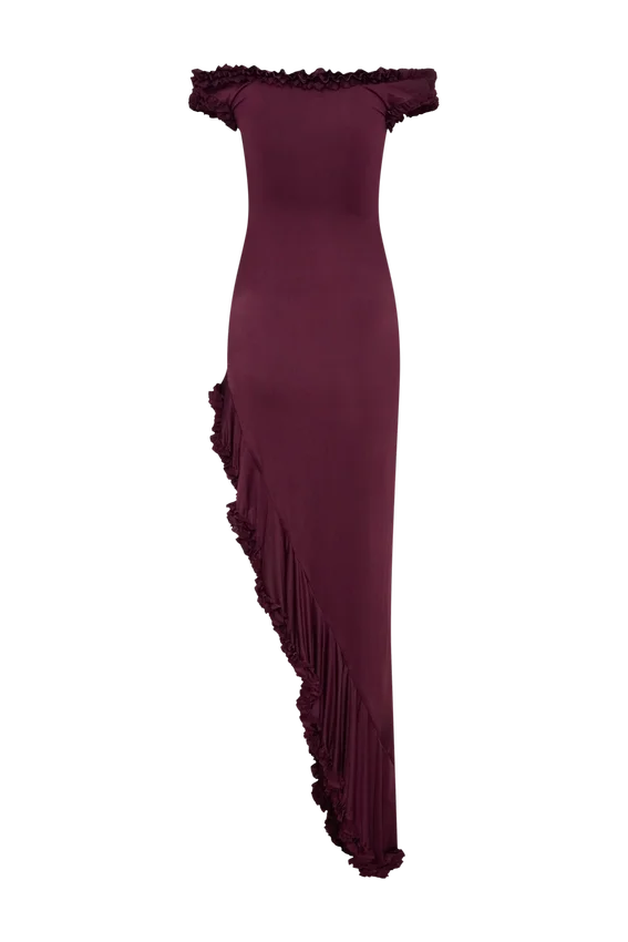 Arielle Off Shoulder Ruffle Midi Dress – Plum Arielle Off Shoulder Ruffle Midi Dress – Plum