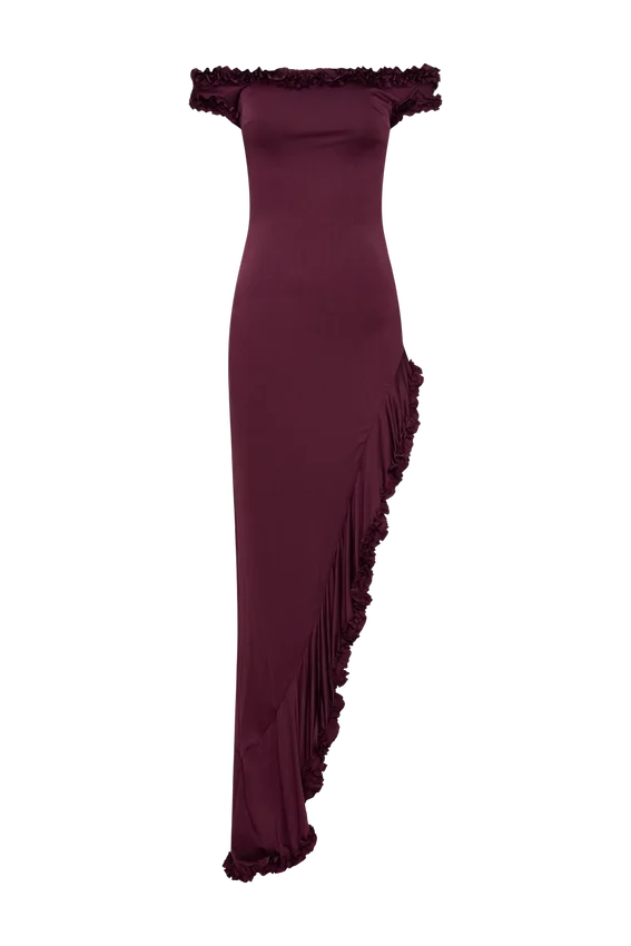 Arielle Off Shoulder Ruffle Midi Dress – Plum Arielle Off Shoulder Ruffle Midi Dress – Plum