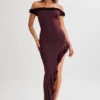 Arielle Off Shoulder Ruffle Midi Dress – Plum Arielle Off Shoulder Ruffle Midi Dress – Plum