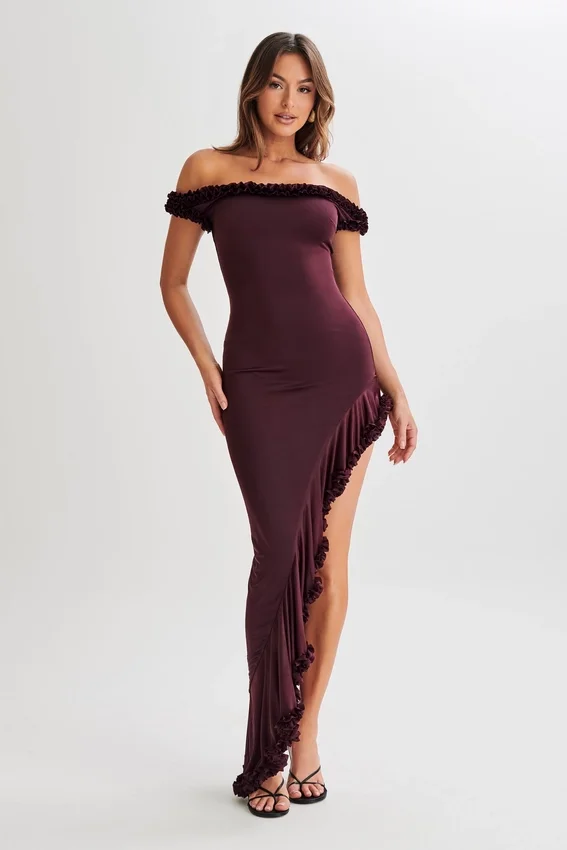 Arielle Off Shoulder Ruffle Midi Dress – Plum Arielle Off Shoulder Ruffle Midi Dress – Plum
