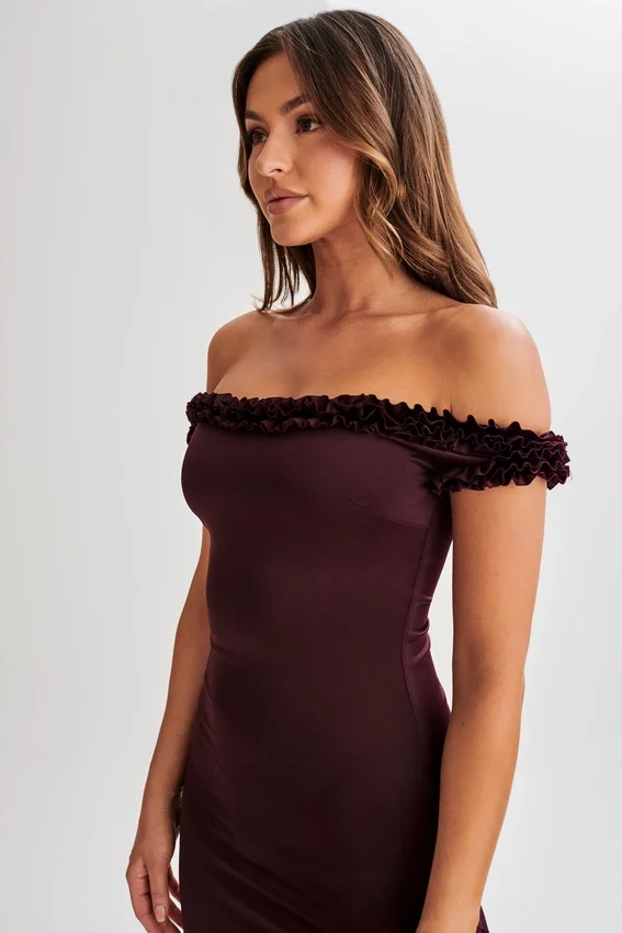 Arielle Off Shoulder Ruffle Midi Dress – Plum Arielle Off Shoulder Ruffle Midi Dress – Plum