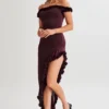 Arielle Off Shoulder Ruffle Midi Dress – Plum Arielle Off Shoulder Ruffle Midi Dress – Plum