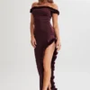 Arielle Off Shoulder Ruffle Midi Dress – Plum Arielle Off Shoulder Ruffle Midi Dress – Plum