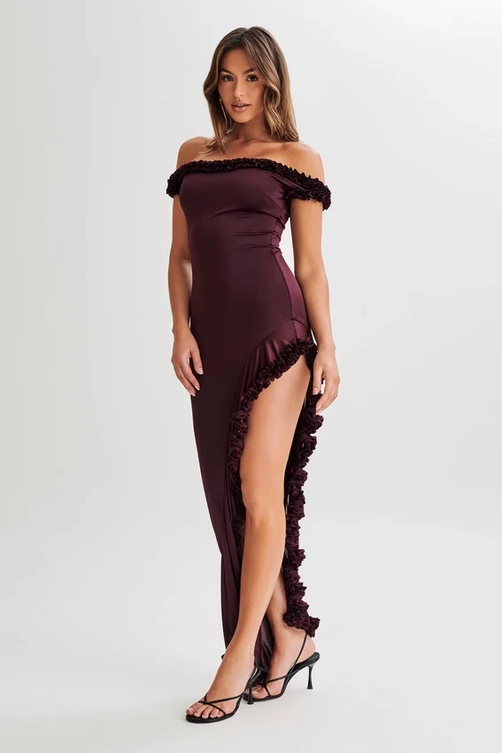 Arielle Off Shoulder Ruffle Midi Dress – Plum Arielle Off Shoulder Ruffle Midi Dress – Plum