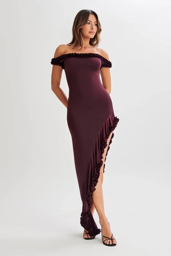 Arielle Off Shoulder Ruffle Midi Dress – Plum Arielle Off Shoulder Ruffle Midi Dress – Plum