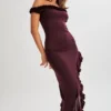 Arielle Off Shoulder Ruffle Midi Dress – Plum Arielle Off Shoulder Ruffle Midi Dress – Plum