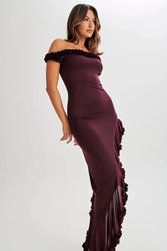 Arielle Off Shoulder Ruffle Midi Dress – Plum Arielle Off Shoulder Ruffle Midi Dress – Plum