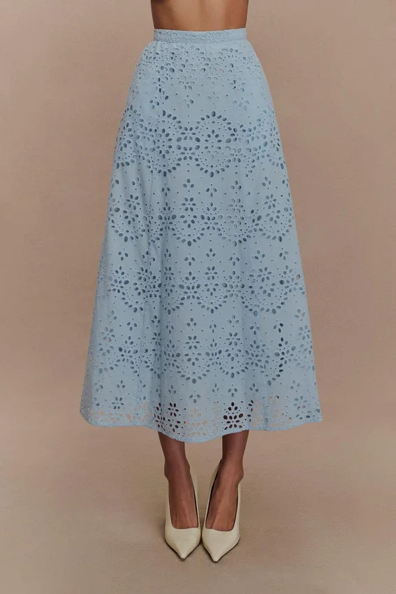 Arla Broderie Midi Skirt – Pale Cornflower Blue Arla Broderie Midi Skirt – Pale Cornflower Blue
