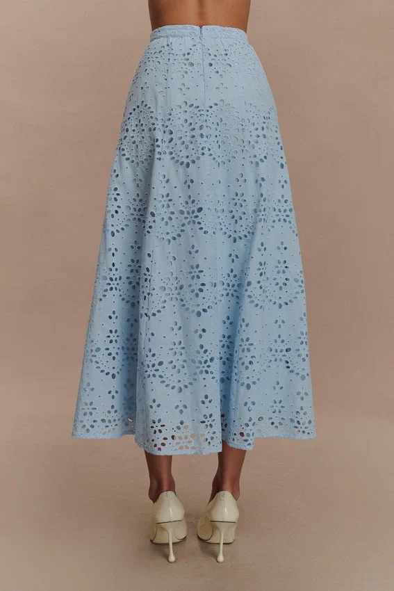 Arla Broderie Midi Skirt – Pale Cornflower Blue Arla Broderie Midi Skirt – Pale Cornflower Blue