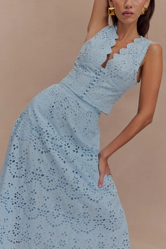 Arla Broderie Midi Skirt – Pale Cornflower Blue Arla Broderie Midi Skirt – Pale Cornflower Blue