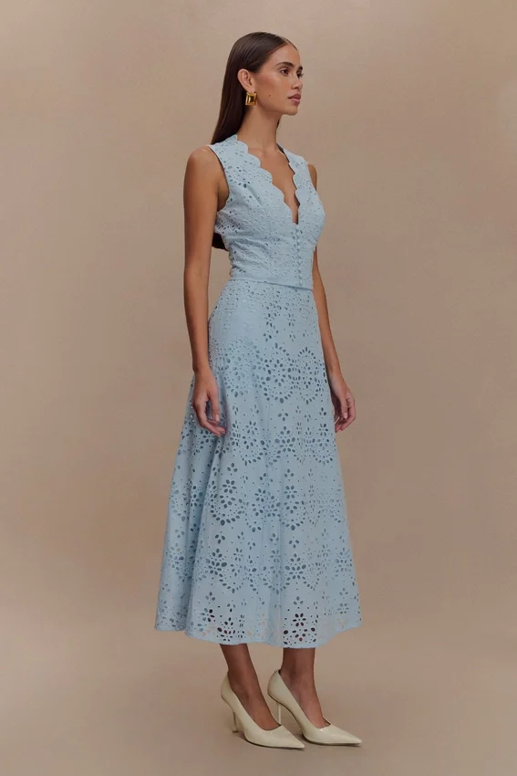 Arla Broderie Midi Skirt – Pale Cornflower Blue Arla Broderie Midi Skirt – Pale Cornflower Blue