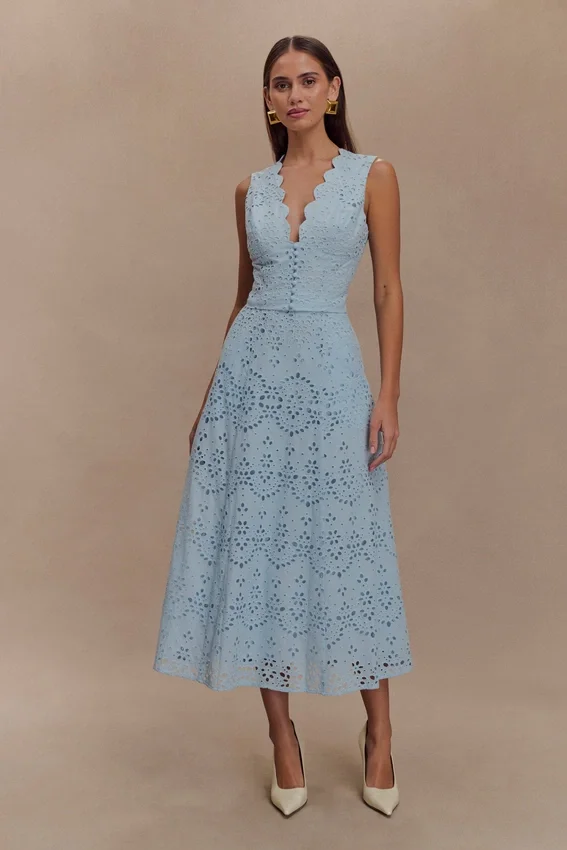 Arla Broderie Midi Skirt – Pale Cornflower Blue Arla Broderie Midi Skirt – Pale Cornflower Blue