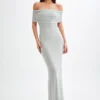 Arna Off Shoulder Diamante Maxi Dress – Silver