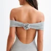 Arna Off Shoulder Diamante Maxi Dress – Silver