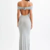 Arna Off Shoulder Diamante Maxi Dress – Silver