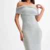 Arna Off Shoulder Diamante Maxi Dress – Silver