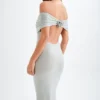 Arna Off Shoulder Diamante Maxi Dress – Silver