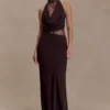 Arra Chiffon And Lace Halter Maxi Dress – Cacao Brown