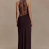 Arra Chiffon And Lace Halter Maxi Dress – Cacao Brown