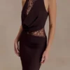 Arra Chiffon And Lace Halter Maxi Dress – Cacao Brown