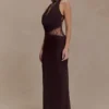 Arra Chiffon And Lace Halter Maxi Dress – Cacao Brown